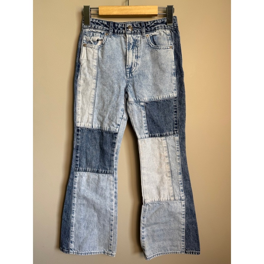 Gap Kids HR 70s Flare Tonal Patchwork Denim Jeans Size Girls 10 Blue Retro Boho